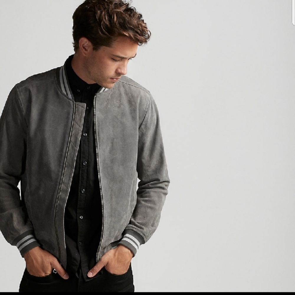 NWT Express real suede grey varsity bomber jacket